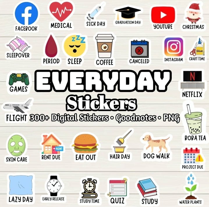 Everyday Digital Stickers - 300+ Stickers, Goodnotes file, Pre-Cropped Individuals, PNGs Digital Stickers, Pre-cropped iPad Stickers - Digital Agenda Co.
