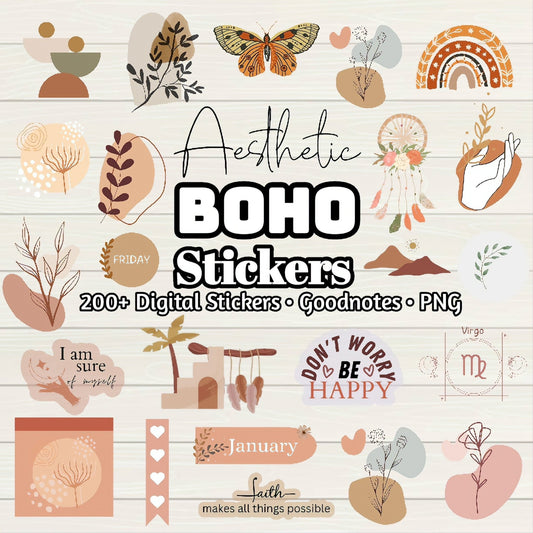 Aesthetic Boho Digital Planner Digital Stickers - 200+ Stickers, Goodnotes file, Pre-Cropped Individuals, PNGs Stickers, Pre-cropped IPad - Digital Agenda Co.