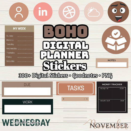 Boho Digital Planner Digital Stickers - 300+ Stickers, Goodnotes file, Pre-Cropped Individuals, PNGs Digital Stickers, Pre-cropped IPad - Digital Agenda Co.