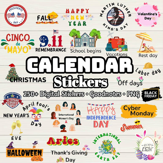 Calendar Digital Stickers - 250+ Stickers, Goodnotes file, Pre-Cropped Individual, PNGs Digital Stickers, Pre-cropped iPad Sticker - Digital Agenda Co.