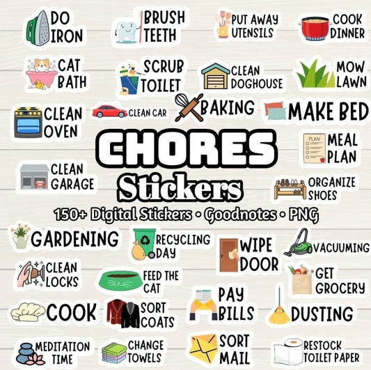 Chores Digital Stickers - 150+ Stickers, Goodnotes file, Pre-Cropped Individuals, PNGs Digital Stickers, Pre-cropped iPad Stickers - Digital Agenda Co.