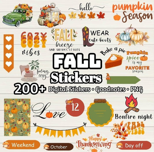 Fall Autumn Digital Planner Digital Stickers - 200+ Stickers, Goodnotes file, Pre-Cropped Individuals, PNGs Digital Stickers, Pre-cropped iPad Stickers - Digital Agenda Co.