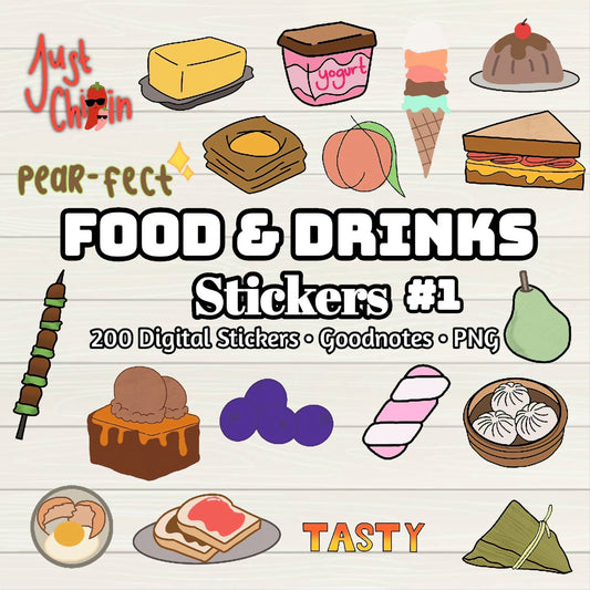 Food and Drink 1 of 3 Digital Stickers - 200 Stickers, Goodnotes file, Pre-Cropped Individuals, PNGs Digital, Pre-cropped iPad Stickers - Digital Agenda Co.