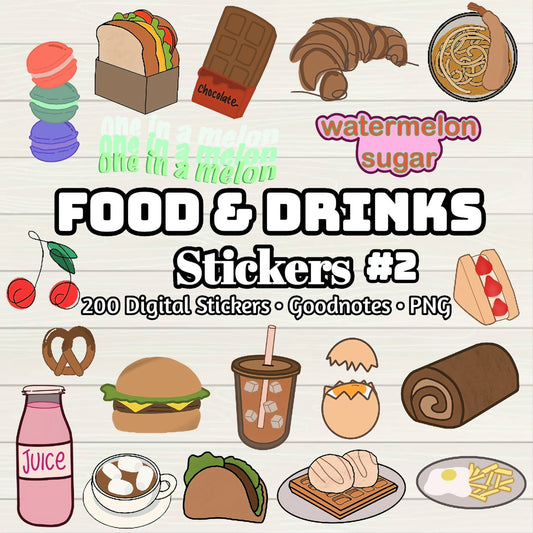 Food and Drink 2 of 3 Digital Stickers - 200 Stickers, Goodnotes file, Pre-Cropped Individuals, PNGs Digital, Pre-cropped iPad Stickers - Digital Agenda Co.