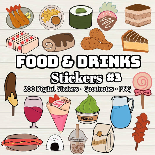 Food and Drink 3 of 3 Digital Stickers - 200 Stickers, Goodnotes file, Pre-Cropped Individuals, PNGs Digital, Pre-cropped iPad Stickers - Digital Agenda Co.