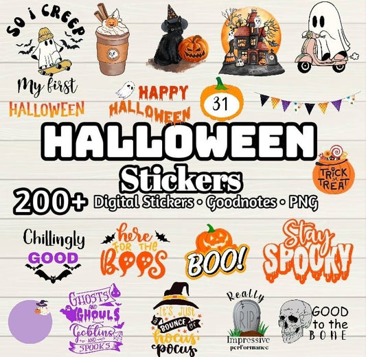 Halloween Planner Stickers - 200+ Stickers, Goodnotes file, Pre-Cropped Individuals, PNGs Digital Stickers, Pre-cropped iPad Stickers - Digital Agenda Co.