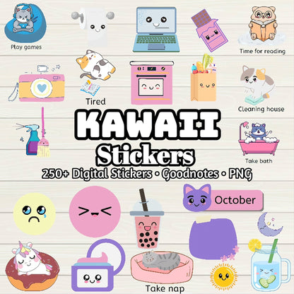 Kawaii Digital Stickers - 250 Stickers, Goodnotes file, Pre-Cropped Individuals, PNGs Digital, Pre-cropped iPad Stickers Goodnotes Book - Digital Agenda Co.