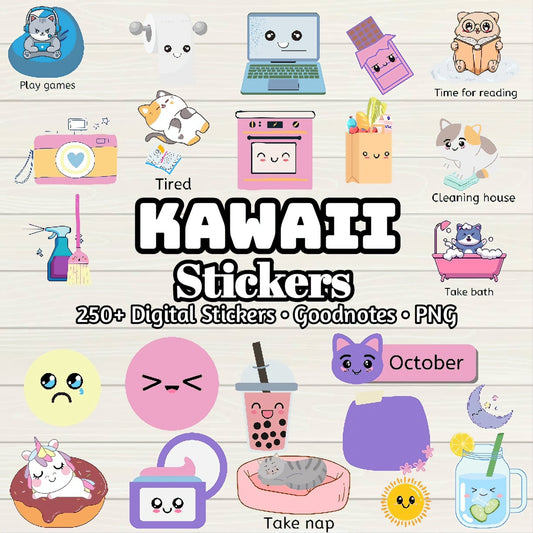 Kawaii Digital Stickers - 250 Stickers, Goodnotes file, Pre-Cropped Individuals, PNGs Digital, Pre-cropped iPad Stickers Goodnotes Book - Digital Agenda Co.