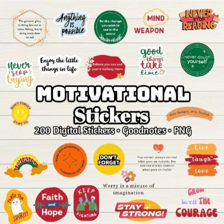 Motivational Digital Stickers - 200 Stickers, Goodnotes file, Pre-Cropped Individuals, PNGs Digital Stickers, Pre-cropped iPad Stickers - Digital Agenda Co.