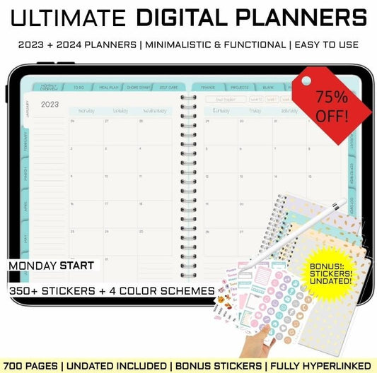 Premium Digital Planner 2023, 2024 and Undated Ipad Goodnotes, 350 PNG Pre Cropped Stickers, Samsung, Daily Planner Planner Digital Dated V1 - Digital Agenda Co.