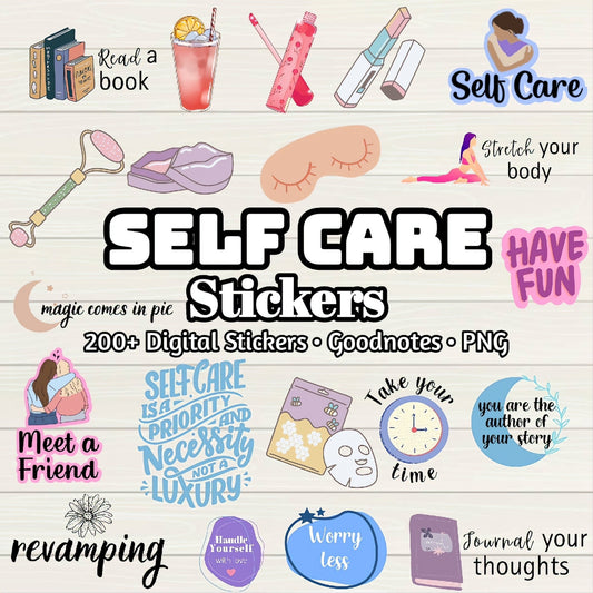Self Care Digital Stickers - 200+ Stickers, Goodnotes file, Pre-Cropped Individuals, PNGs Digital Stickers, Pre-cropped iPad Stickers - Digital Agenda Co.