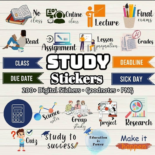 Study Digital Stickers - 200+ Stickers, Goodnotes file, Pre-Cropped Individuals, PNGs Digital Stickers, Pre-cropped iPad Stickers - Digital Agenda Co.