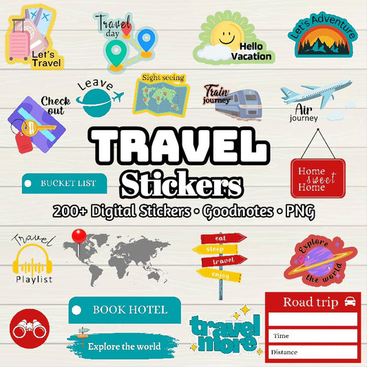 Travel Digital Stickers - 200+ Stickers, Goodnotes file, Pre-Cropped Individuals, PNGs Digital Stickers, Pre-cropped iPad Stickers - Digital Agenda Co.